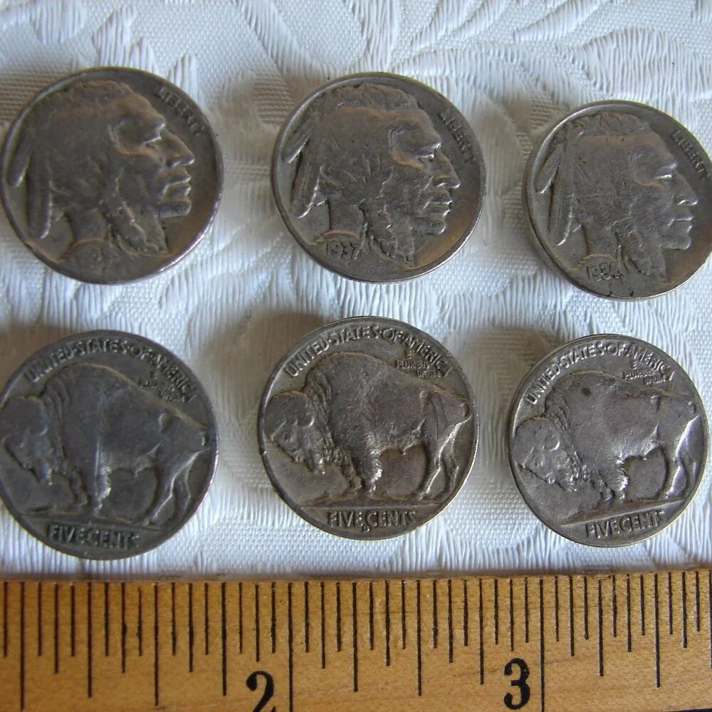 Set of 6 Indian Head/Buffalo Nickel Real Coin BUTTON COVERS, 1930's Coins - Picture 2 of 4